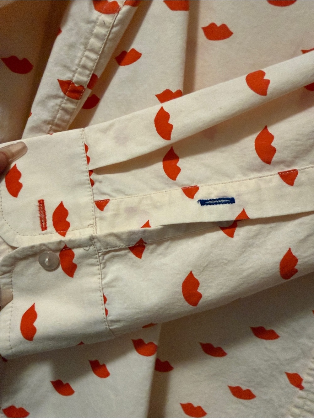 Clare V. Phoebe Button-Down Shirt with Red Lip Print - Women's Cream Shirt - Picture 5 of 6